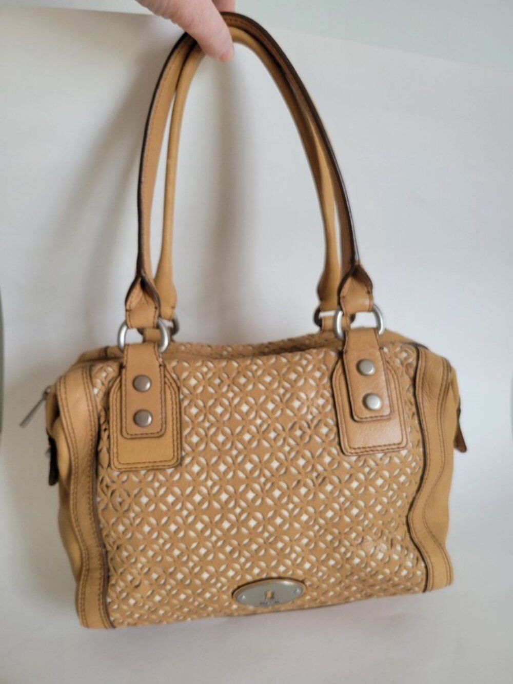 Fossil Vintage Tan Leather Y2k Perforated Satchel Bag boho Cutout Shoulder Purse